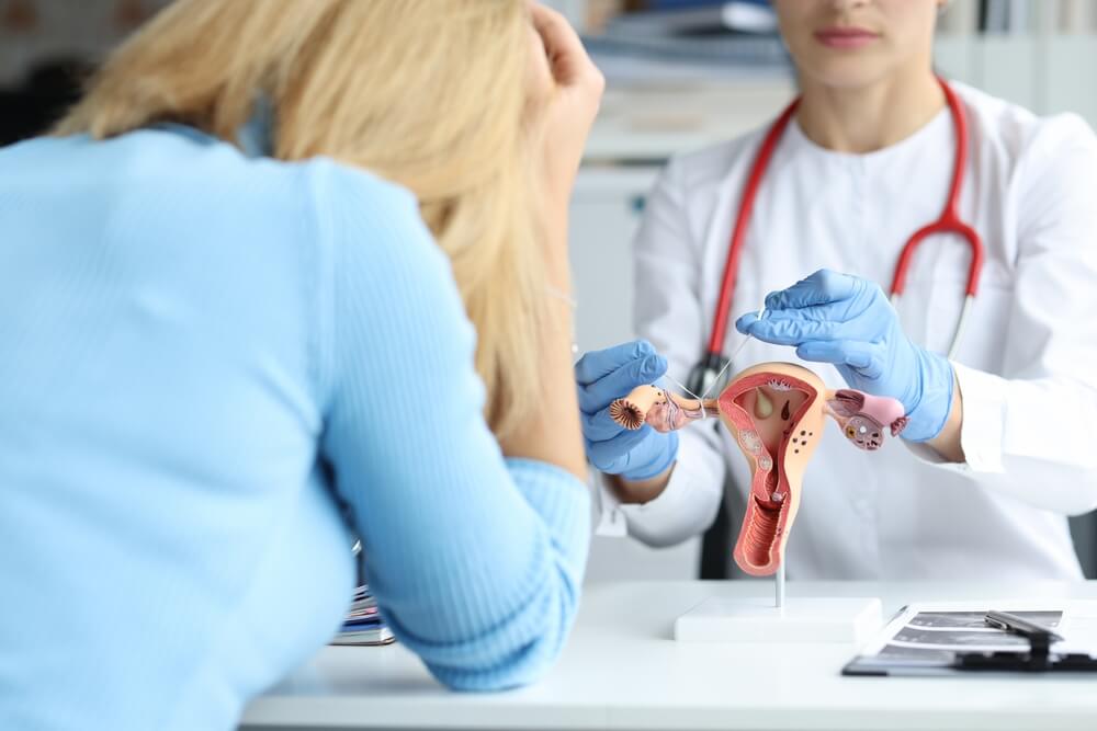 Gynecologist Shows Ligation of Fallopian Tubes to Patient Closeup