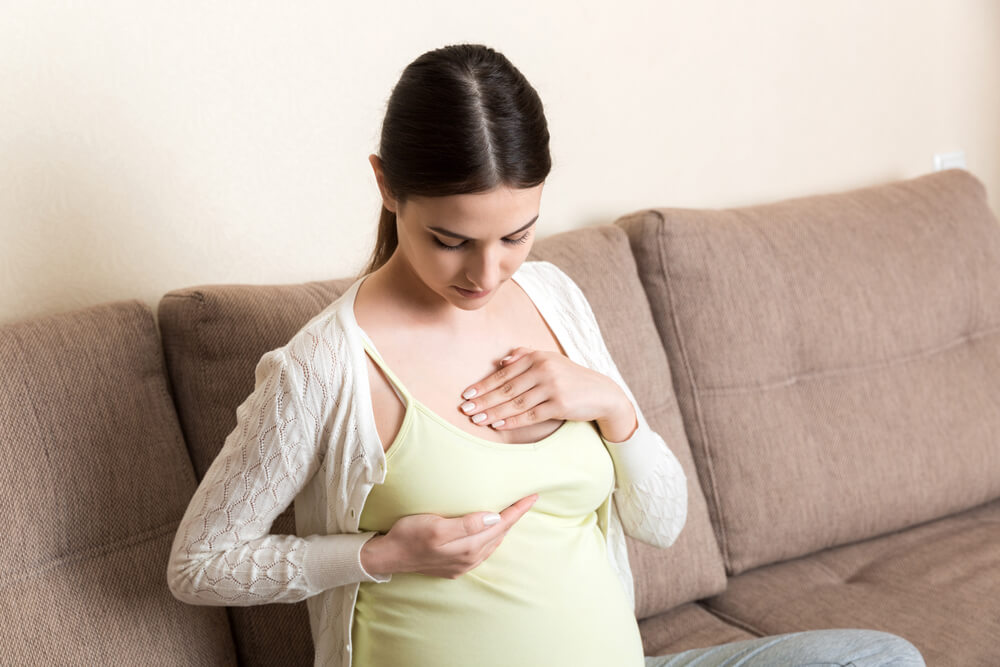 Pregnant Girl Checks Her Breasts. Prevention of Breast Cancer.