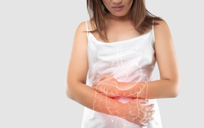 Illustration of the Intestine and Internal Organs in the Women’s Body Against a Gray Background and Space Left Side.