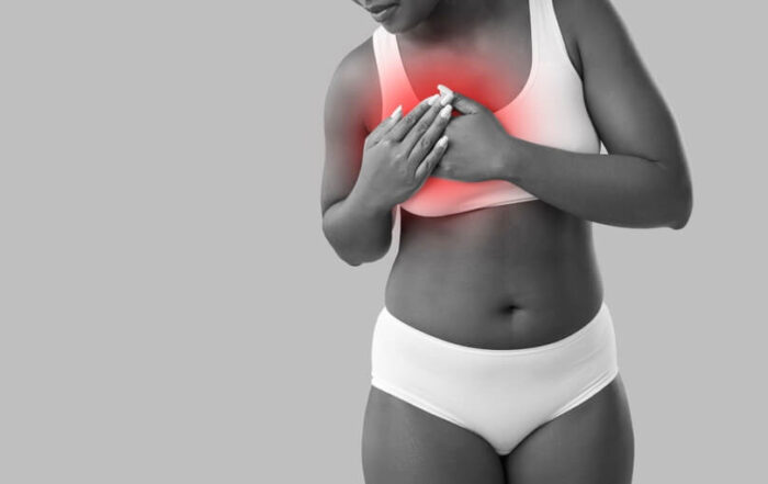Bw Shot Of Plus Size Black Woman In White Underwear Feeling Strong Pain And Touching Her Chest Highlighted With Red Isolated On Grey Colour Background
