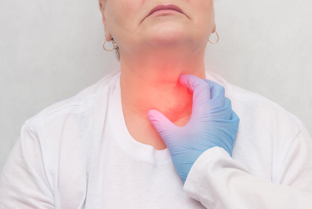 Doctor Feels The Thyroid Gland In A Patient Of An Adult Woman Thyroid Cancer Close-up Node