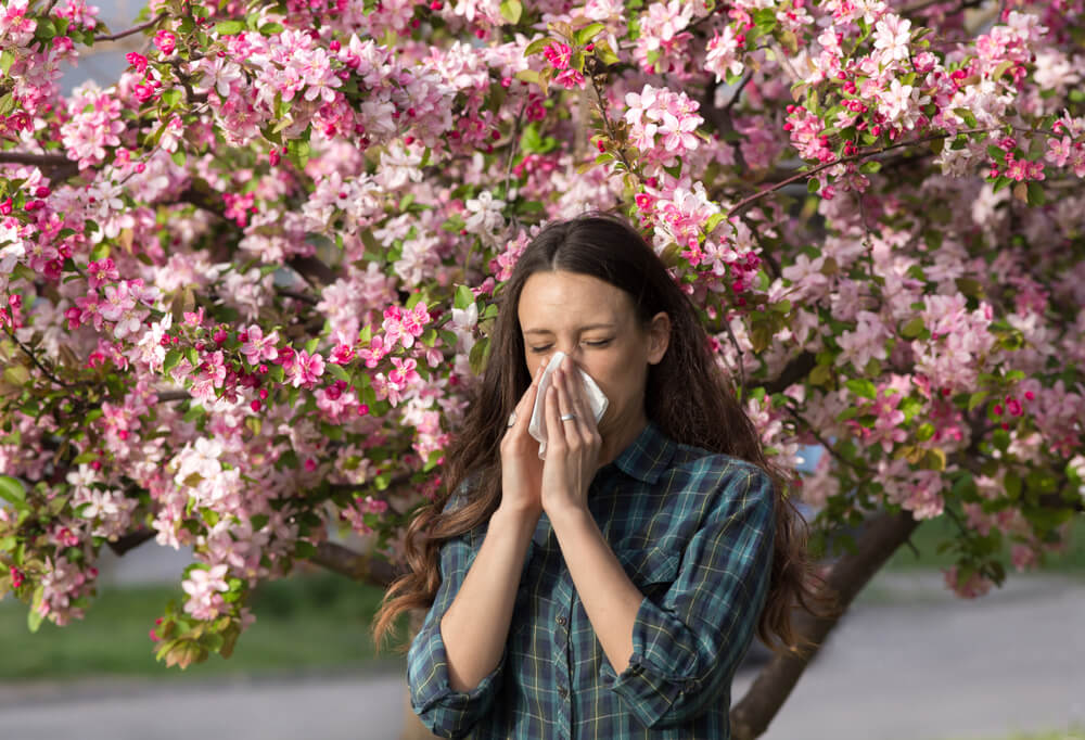 Girl Blowing Nose in Front of Blooming Tree