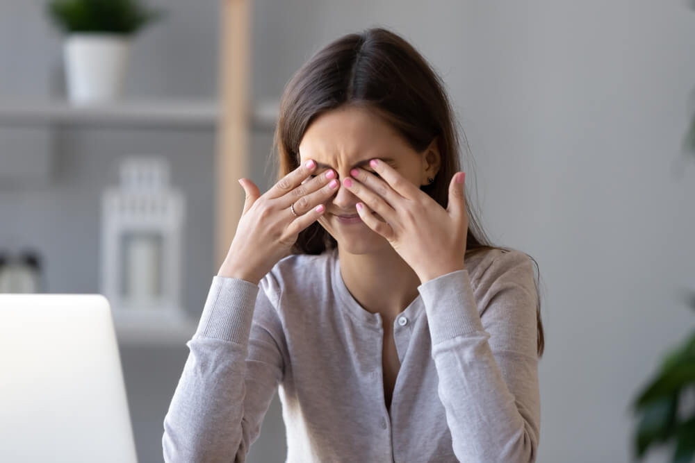 Tired Teen Girl Rubbing Dry Irritable Eyes Feel Eye Strain Tension Migraine After Computer Work