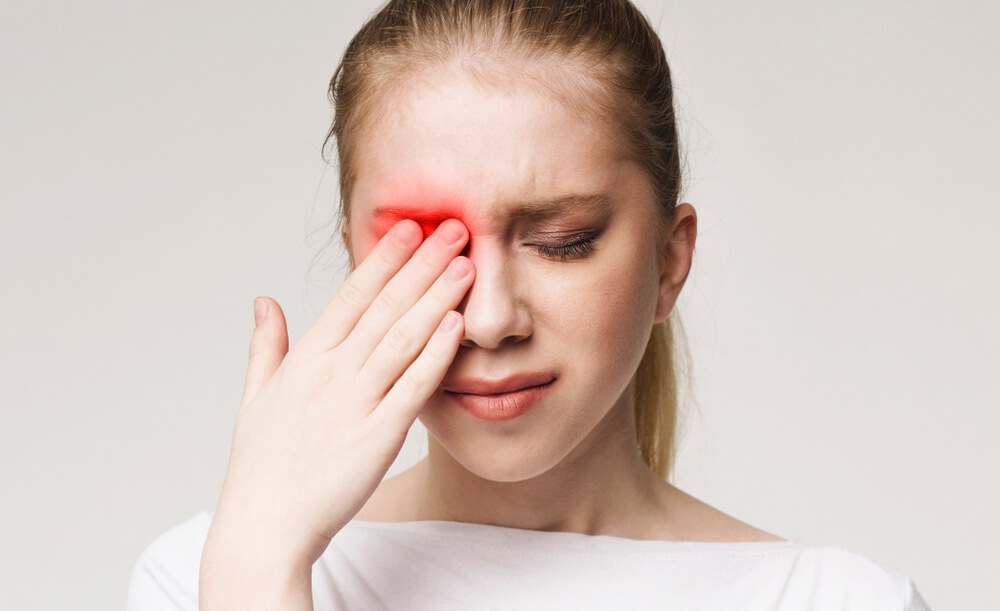 Upset Woman Suffering From Strong Eye Pain.