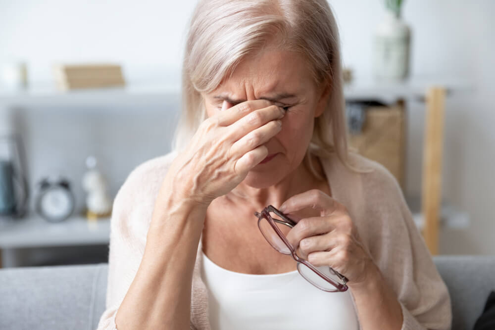 Middle-Aged Woman Taking off Glasses Closed Eyes Rubbing Eyelid Suffers From Eye Strain Deterioration Eyesight