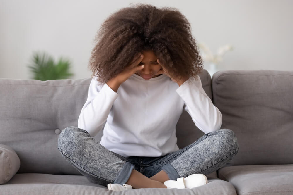 Depressed Upset African American Teen Child Girl Feeling Hurt Sitting Alone