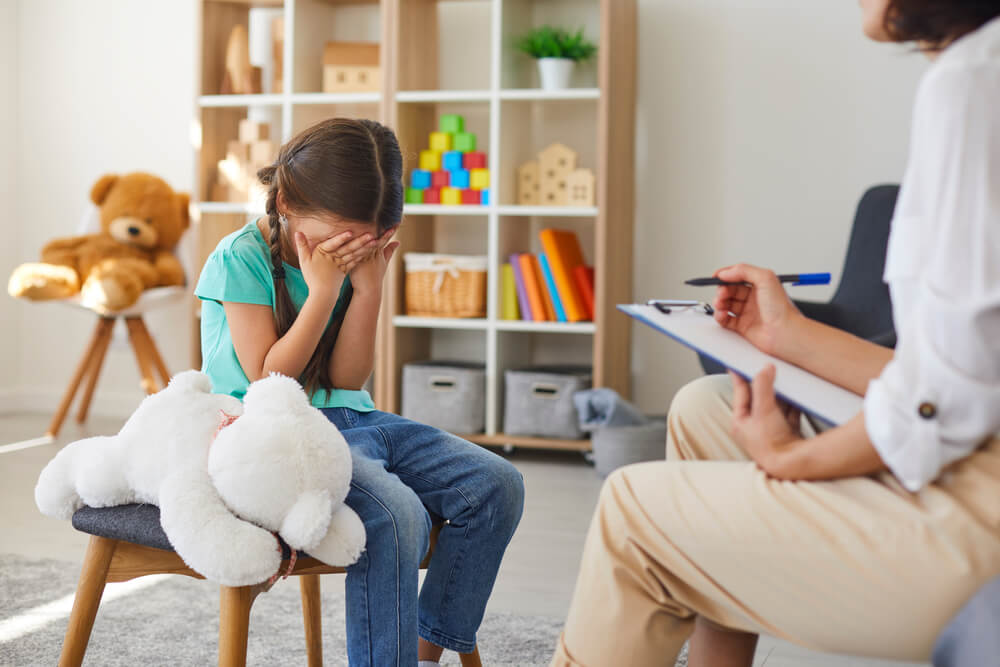 Bullied Little Schoolgirl Crying in Psychologist’s Office Unable to Control Emotions