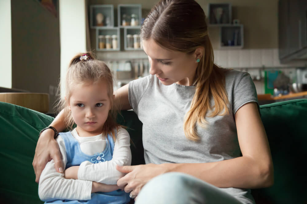 Loving Mother Consoling or Trying Make Peace With Insulted Upset Stubborn Kid