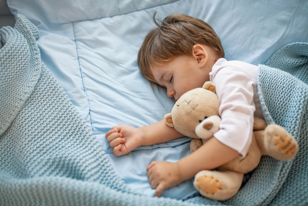 Healthy Child, Sweetest Blonde Toddler Boy Sleeping in Bed Holding Her Teddy Bear