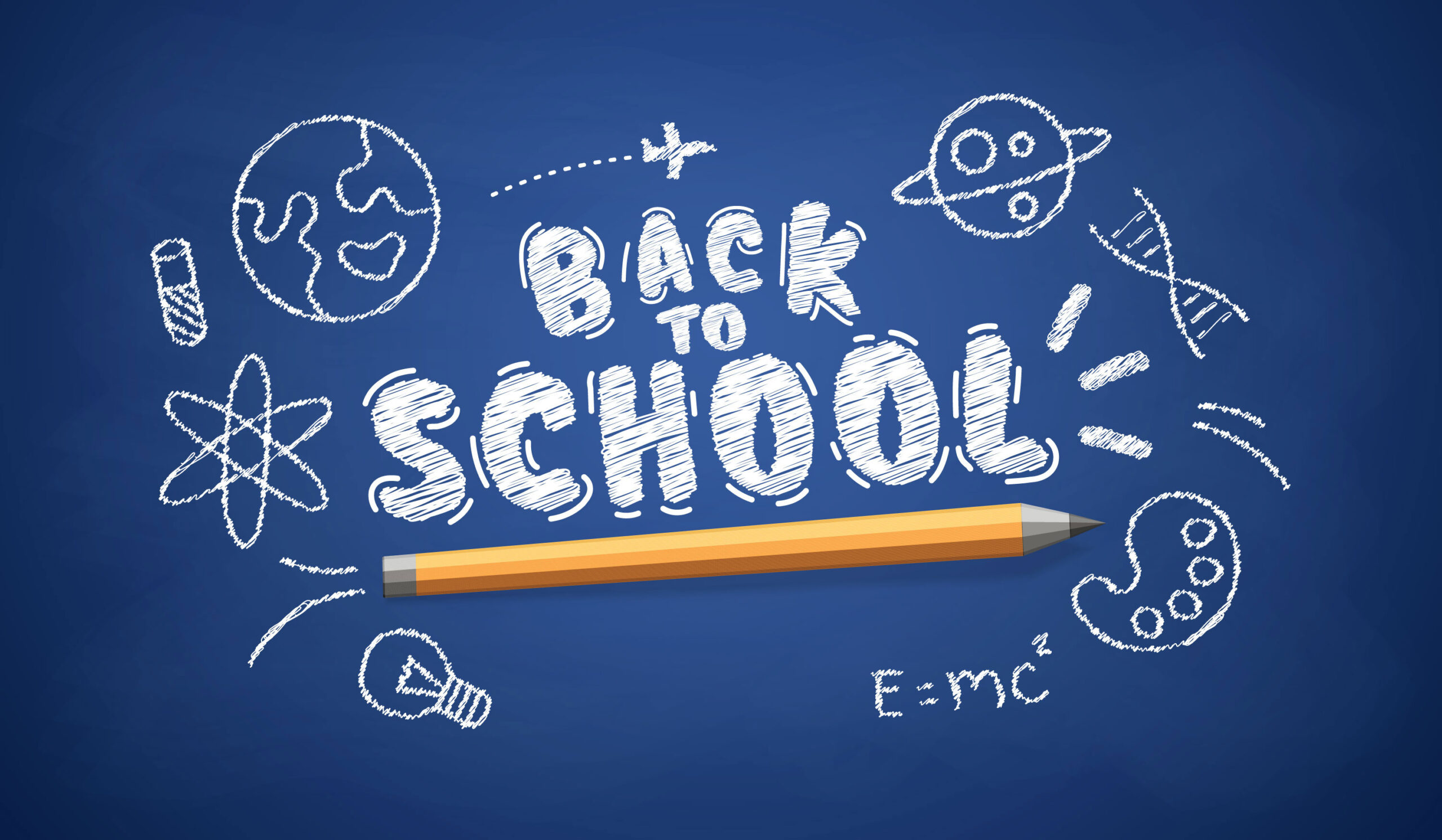 Welcome Back to School Text on Blue Board, Realistic Pencil With Doodles Background