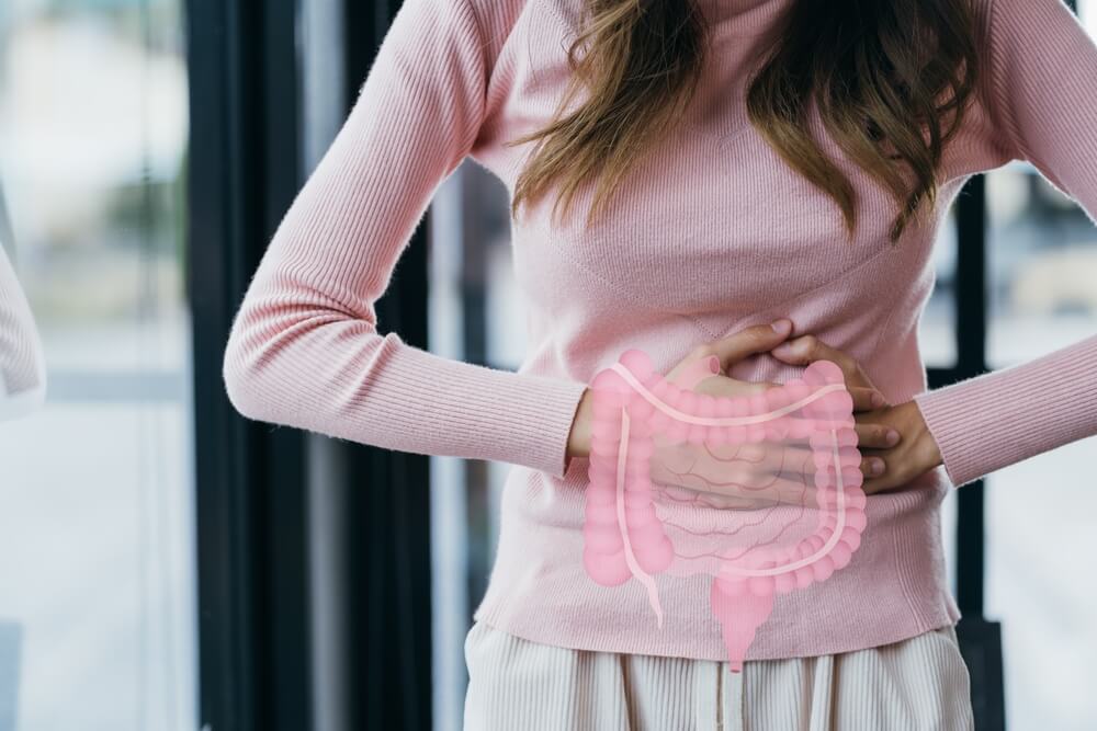 Woman Hands Touching on Stomach With Intestine Virtual Icon, Probiotics Food for Gut Health, Colon Cancer, Bowel Inflammatory