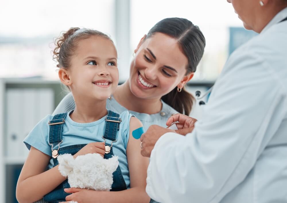 Girl Mom And Doctor With Vaccine Injection Cotton Ball And Flu Shot On Arm For Disease Or Covid Prevention In Hospital