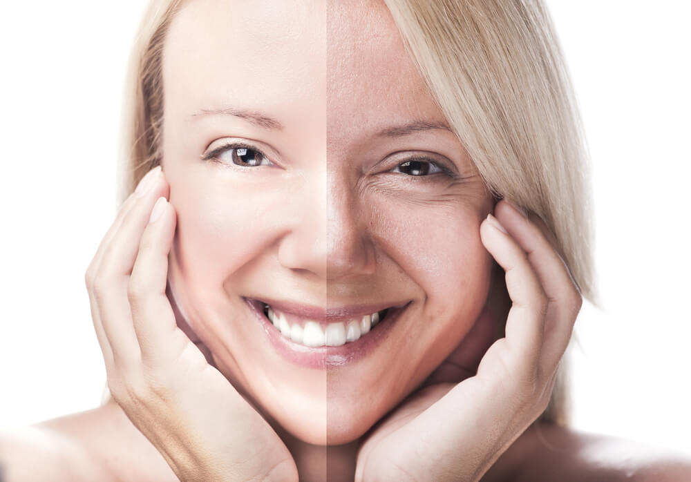Woman Face Divided - With and Without Wrinkles