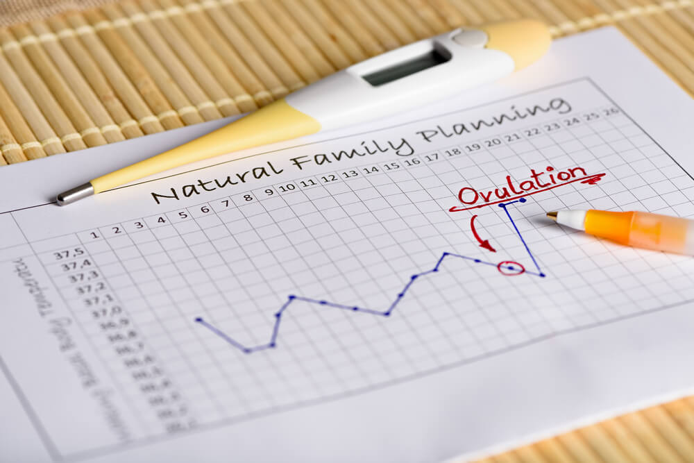 Natural Family Planning: waiting for the right moment. Thermometer with body temperature curve.