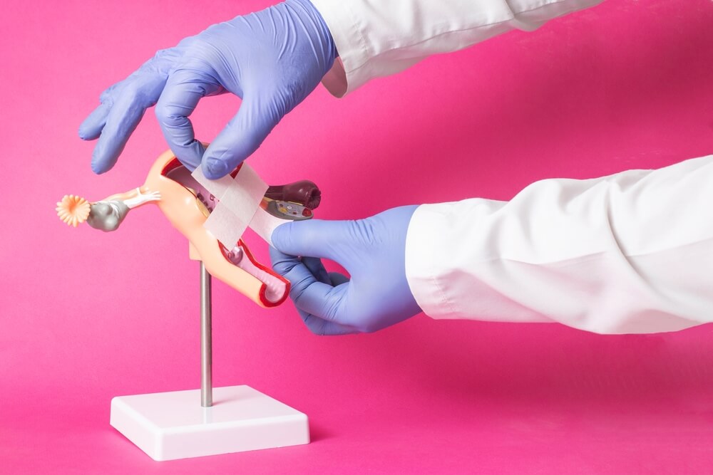 The Doctor Holds A Cross From A Medical Plaster In Medical Gloves On A Pink Background.
