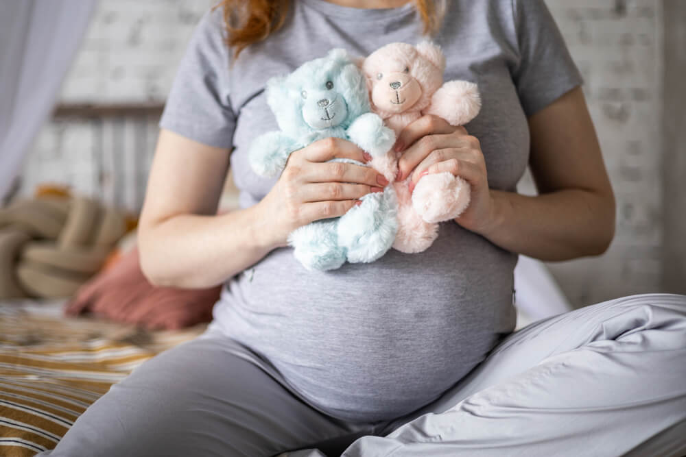 Happy Pregnant Woman Sitting on Bed at Bedroom Holding Two Cute Bear Toys Awaiting Twins Baby Boy and Girl.