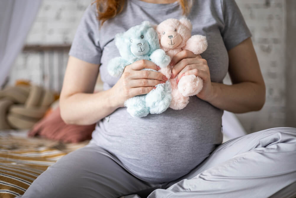 Happy Pregnant Woman Sitting on Bed at Bedroom Holding Two Cute Bear Toys Awaiting Twins Baby Boy and Girl