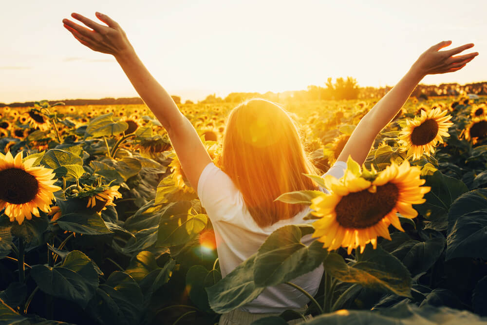 Sunny Beautiful Picture of Young Cheerful Girl Holding Hands up in Air and Looking at Sunrise or Sunset.
