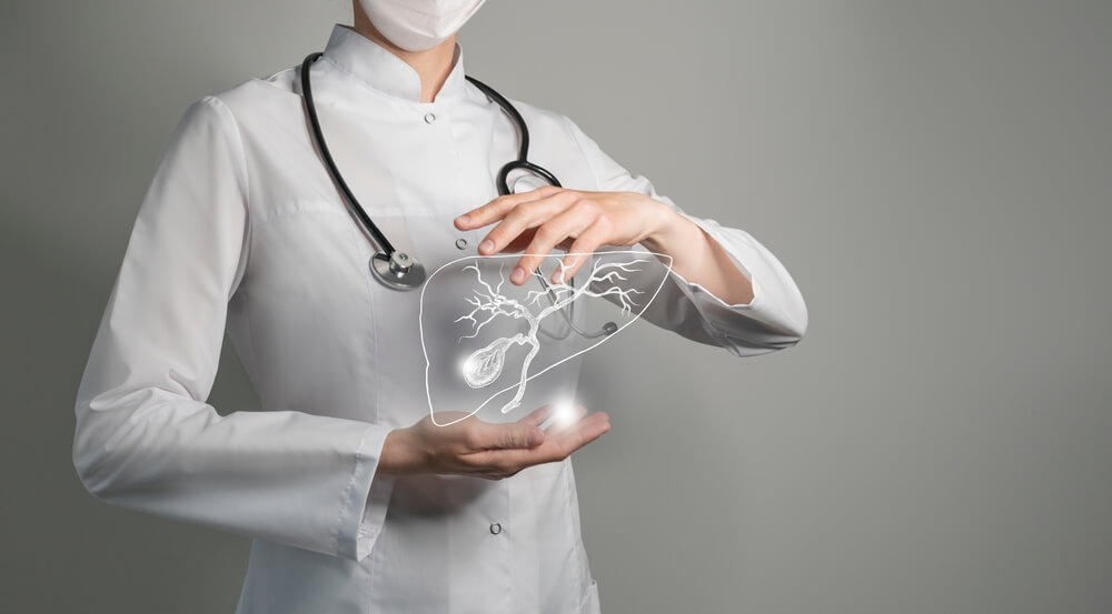 Female Doctor Holding Virtual Gall Bladder In Hand Handrawn Human Organ Copy Space On Right Side Raw Photo Colors