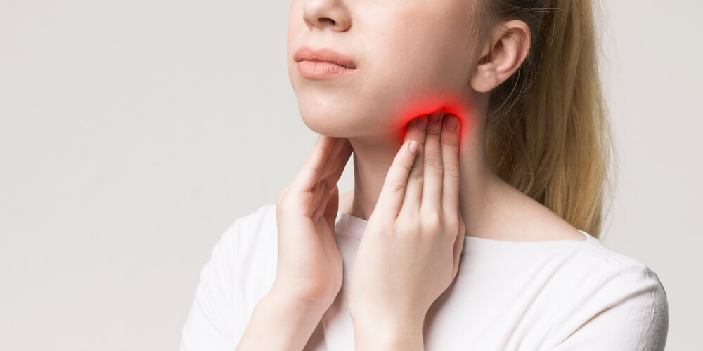 Woman With Thyroid Gland Problem, Touching Her Neck, Closeup, Panorama