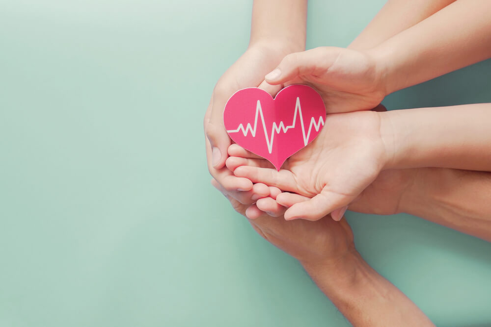 Adult and Children Hands Holding Red Heart With Cardiogram, Health Care, Organ Donation, Family Life Insurance, World Heart Day, World Health Day, Praying Concept