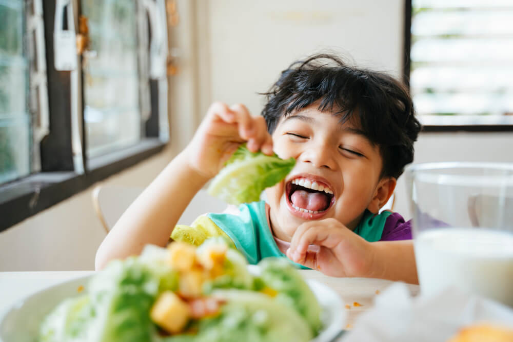 Little Boy Enjoy in Salad for His Breakfast.