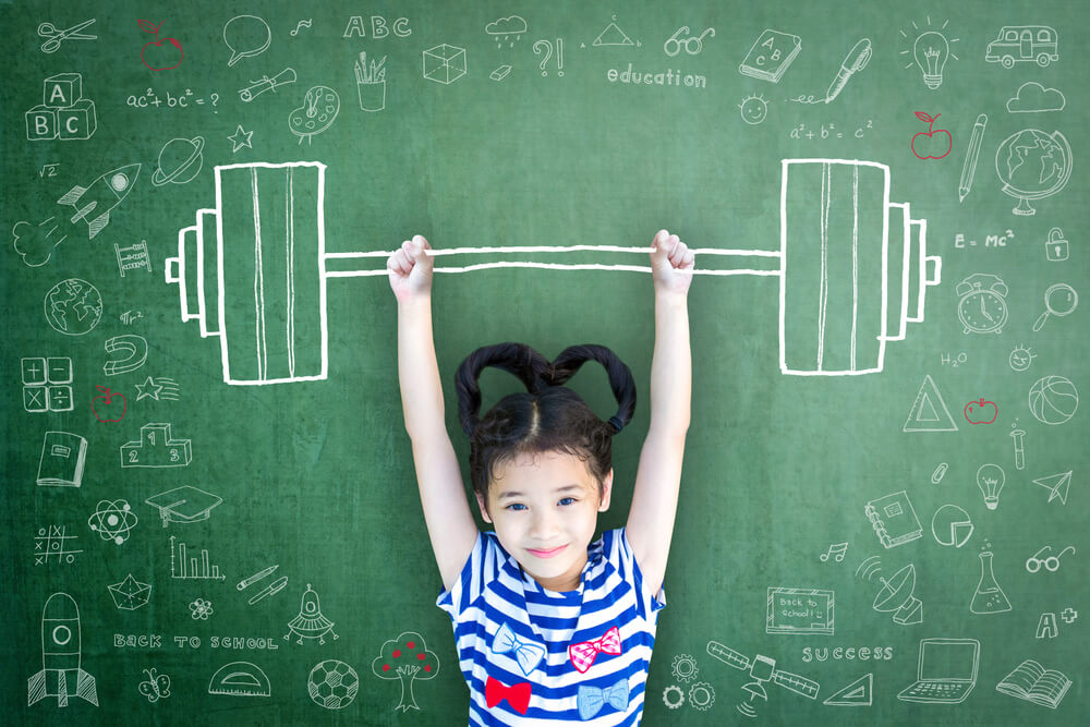 Strong Kid With Weight Lifting Doodle on School Chalkboard