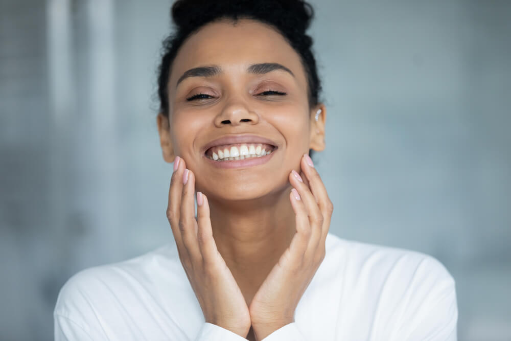 Beautiful African Woman Touch Face Enjoy Ideal Flawless Fresh Smooth Facial Skin 