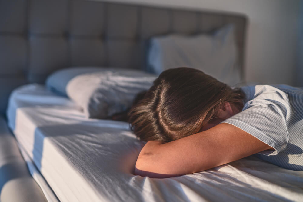Home Quarantine Self Isolation Woman Tired Bored Cant Get Up of Bed 