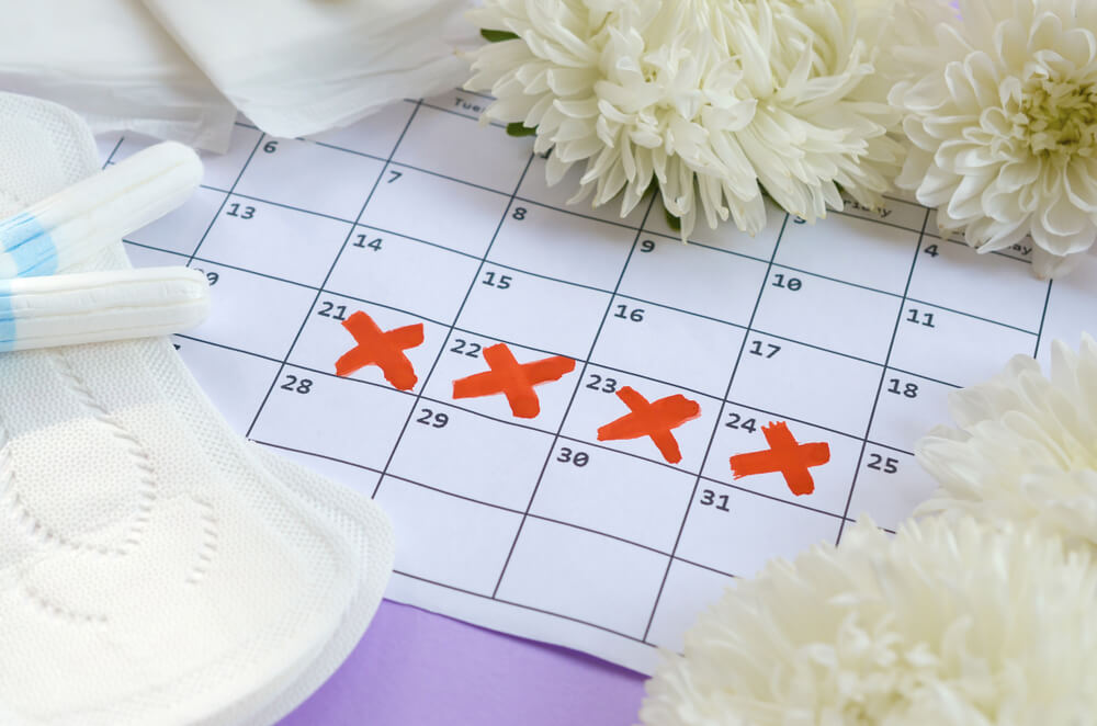 Menstrual Pads and Tampons on Menstruation Period Calendar With White Flowers on Lilac Background