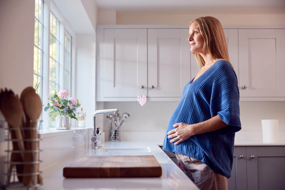 Smiling Pregnant Woman Standing By Kitchen Window Touching Stomach