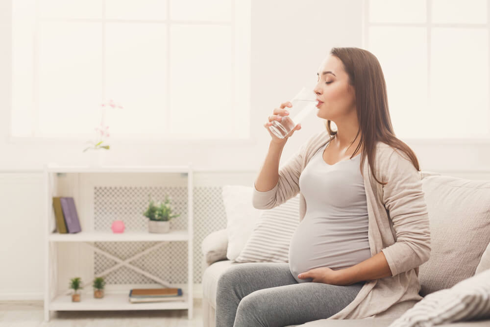 Pregnant Woman Drinking Water Sitting on Sofa.