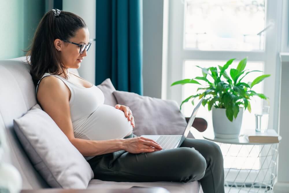 Side View Dark-haired Pregnant Woman in Glasses Sit On Comfortable Grey Couch Having Computer on Knees and Working as Freelancer at Home in Pleasant Interior.