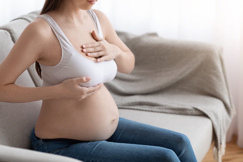 Unrecognizable Pregnant Lady Massaging Her Breasts While Sitting on Couch at Home, Expectant Female Having Painful Feelings in Chest Area