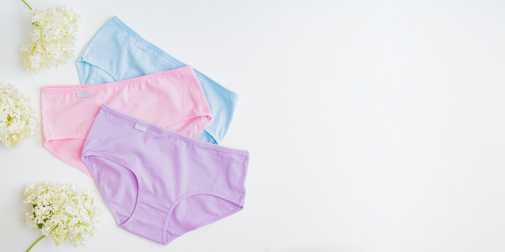 Flat Lay Set of Women Panties of Different Colors on a White Background. Top View Advertising and Shopping Concept