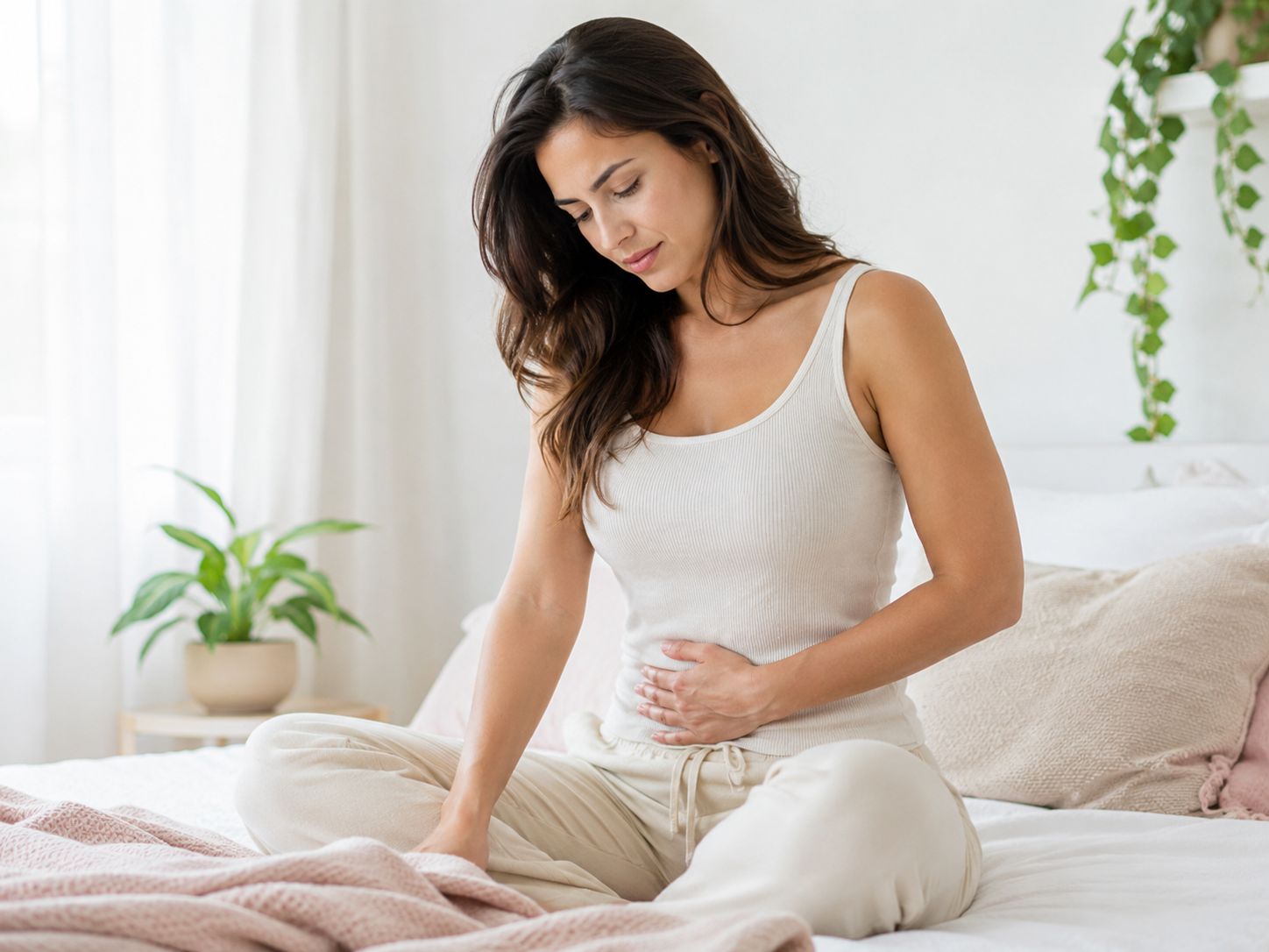 Woman experiencing mild lower abdominal discomfort at home.