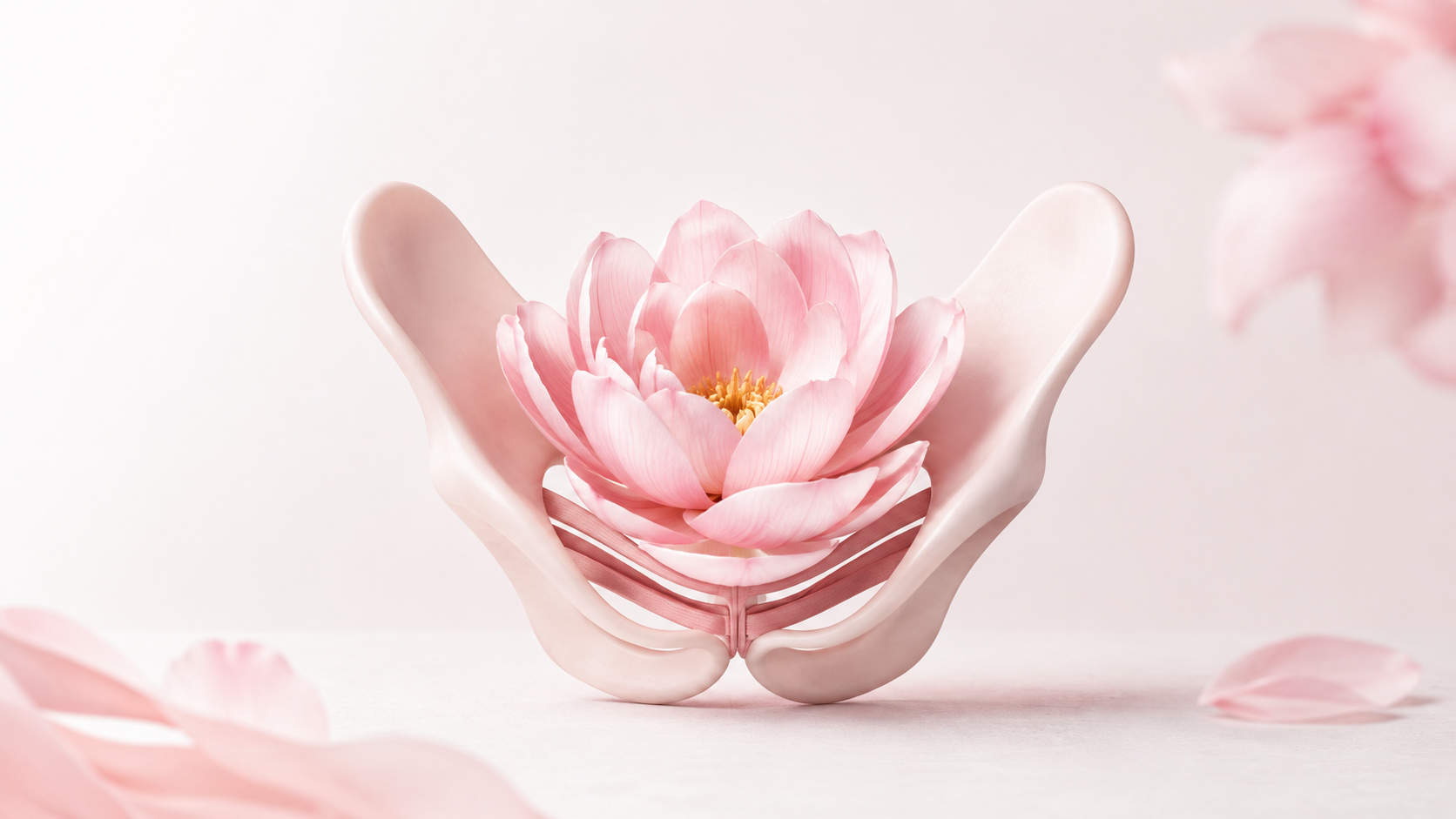 Pink flower supported by a stylized pelvic floor and pelvis illustration, representing Kegel exercises and women’s pelvic health.