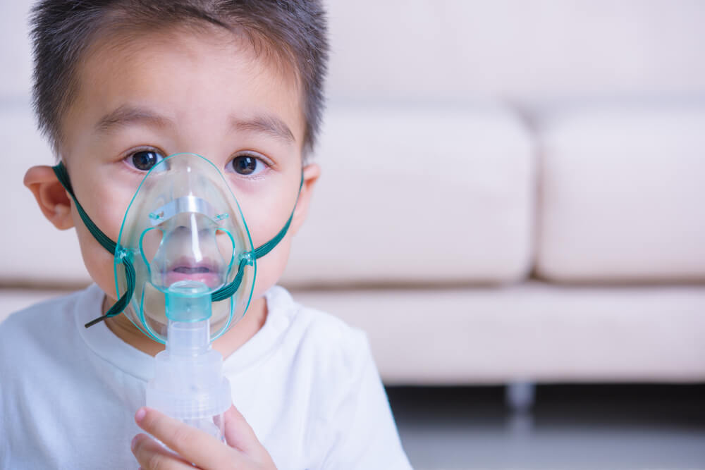 Closeup Asian Face Little Children Boy Sick He Using Steam Inhaler Nebulizer Mask Inhalation Oneself