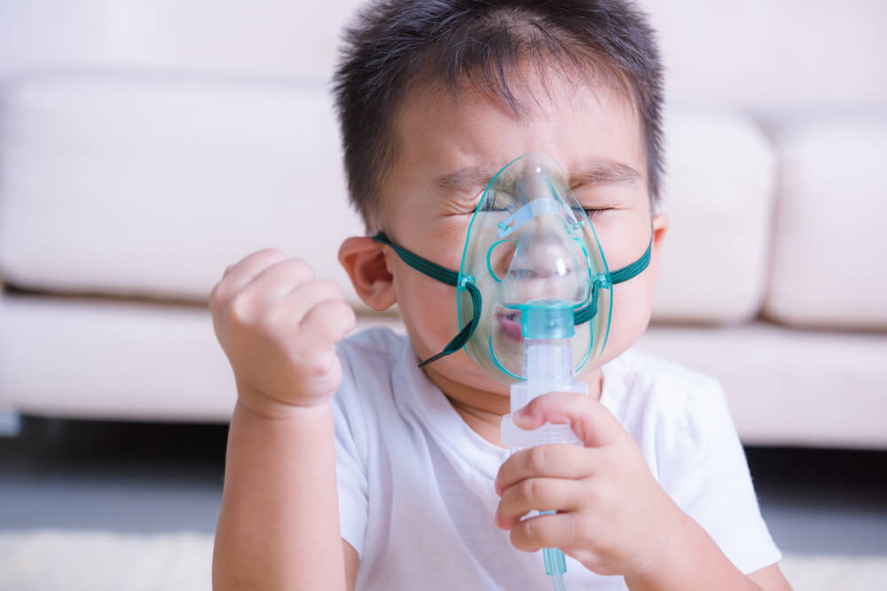 Closeup Asian Face Little Children Boy Sick He Using Steam Inhaler Nebulizer Mask Inhalation Oneself