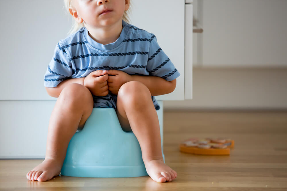 Little Toddler Boy, Sitting on Potty, Playing With Wooden Toy at Home