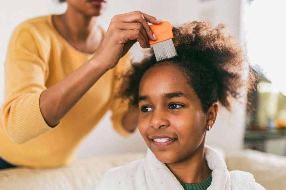 Mother Doing Head Lice Cleaning on Her Daughter Curly Hair.