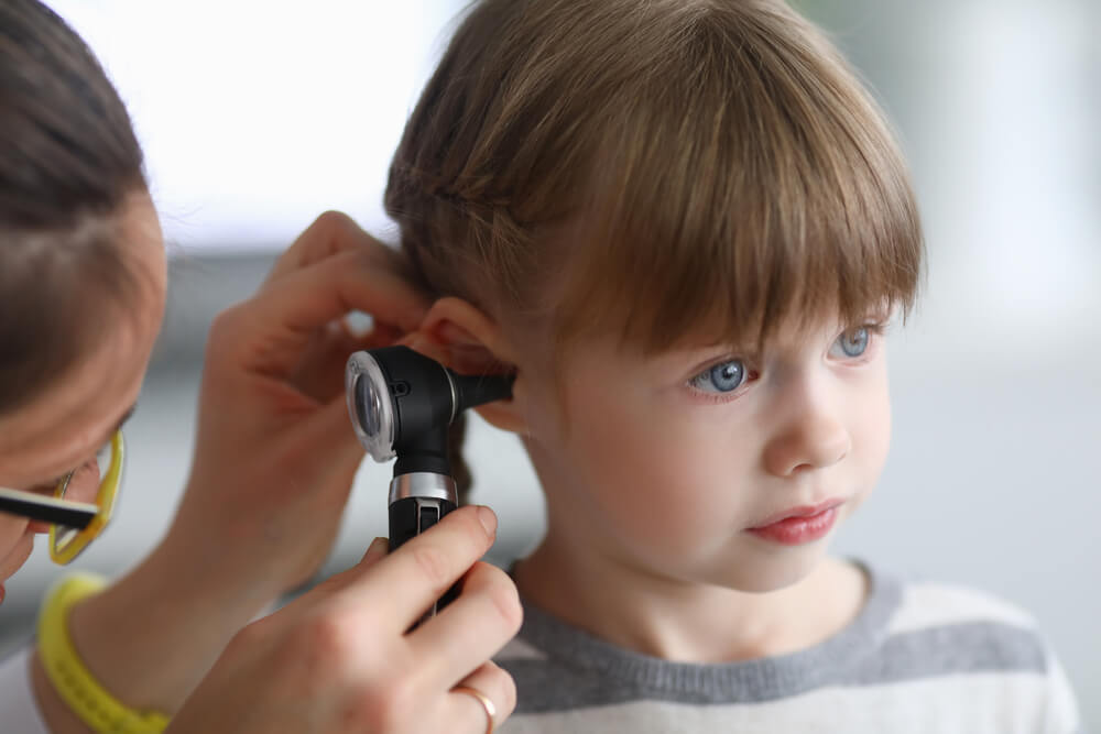 Otorhinolaryngologist Examines Little Girl’s Ear With Otoscope.