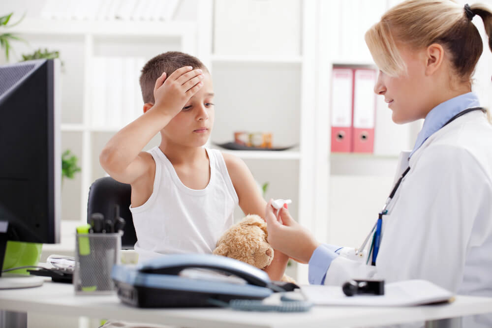 Little Boy Has a Headache, Doctor Measures Temperature